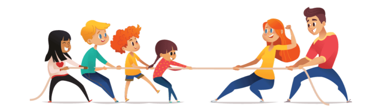 friendly tug of war between parents and children